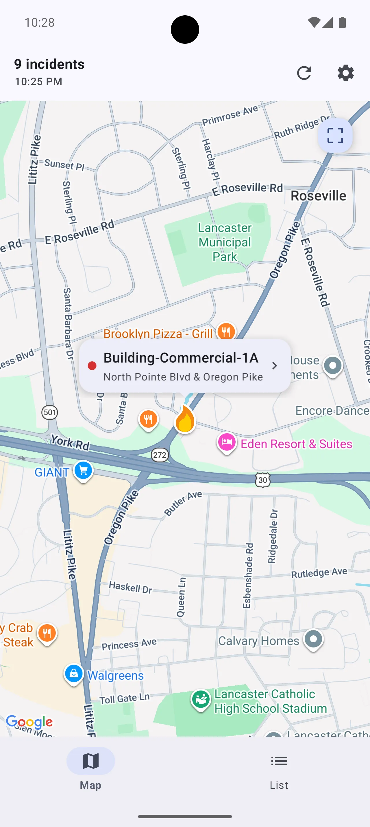 Map showing incident callout on Android