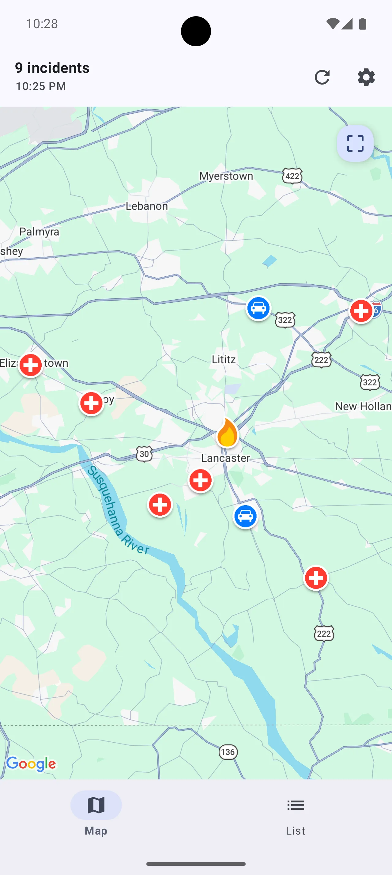 Map showing active incidents on Android