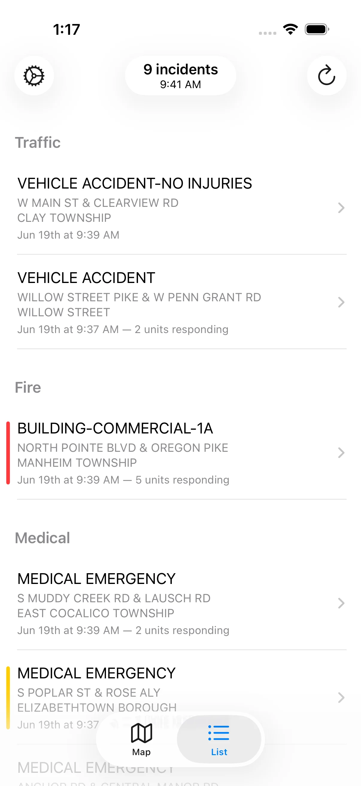 Incident list on iOS