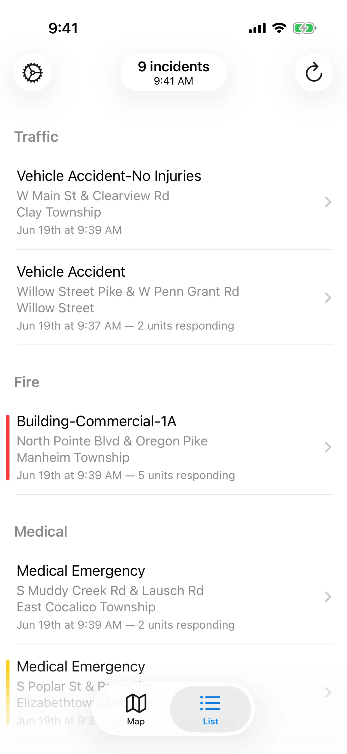 Incident list on iOS