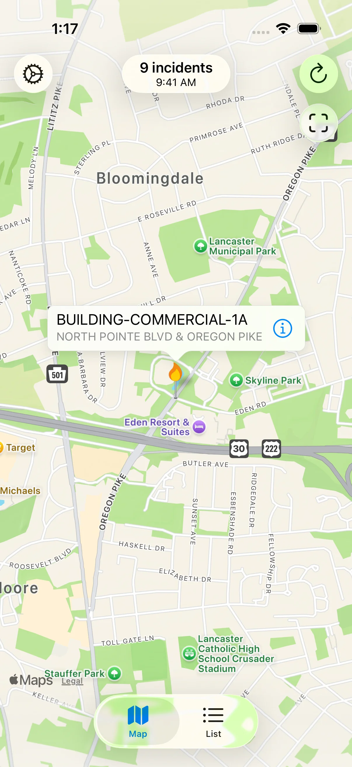 Map showing incident callout on iOS