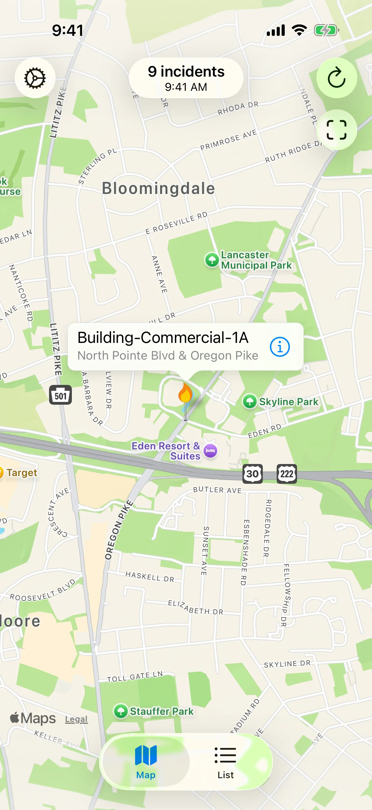Map showing incident callout on iOS