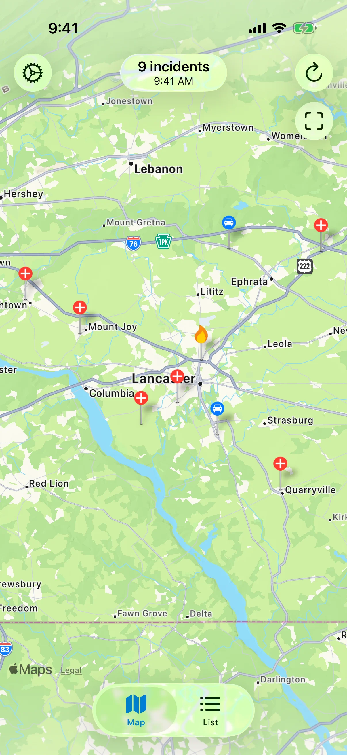 Map showing active incidents on iOS