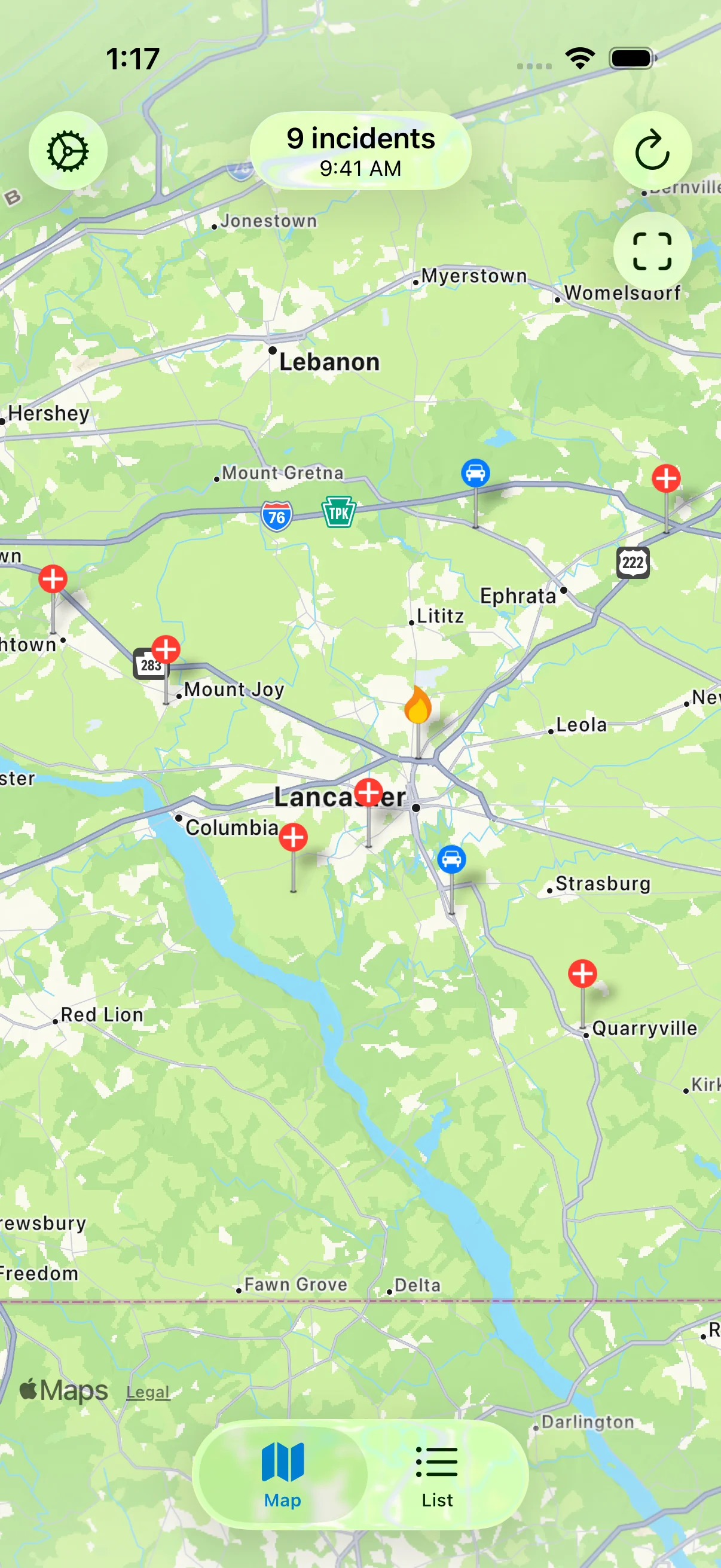 Map showing active incidents on iOS